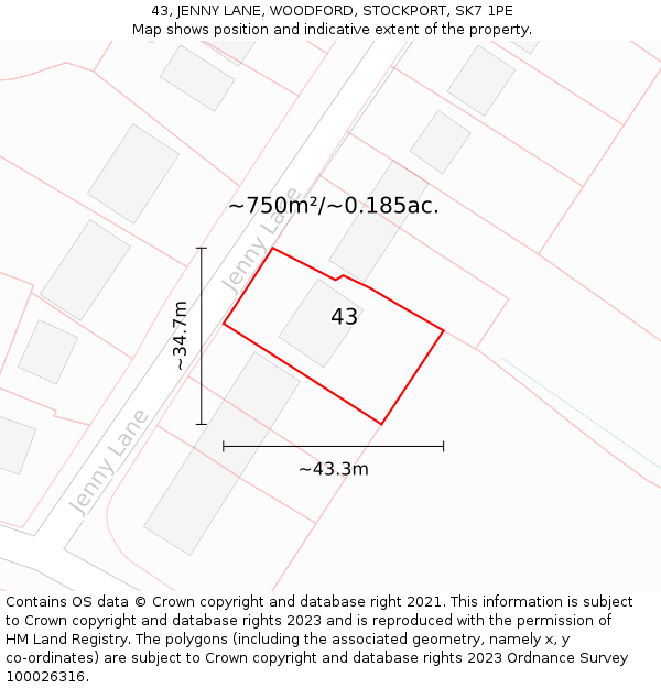 43, JENNY LANE, WOODFORD, STOCKPORT, SK7 1PE: Plot and title map