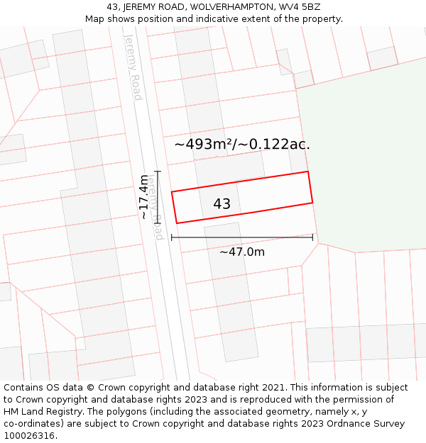 43, JEREMY ROAD, WOLVERHAMPTON, WV4 5BZ: Plot and title map