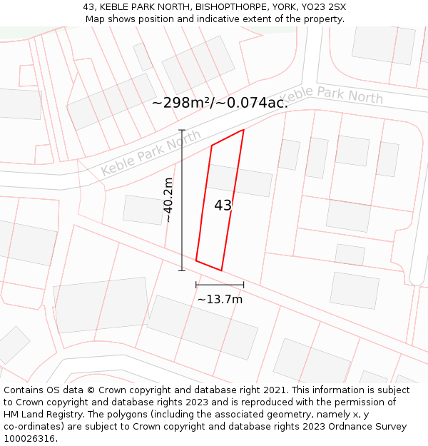43, KEBLE PARK NORTH, BISHOPTHORPE, YORK, YO23 2SX: Plot and title map