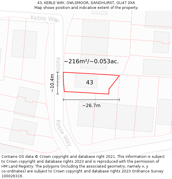 43, KEBLE WAY, OWLSMOOR, SANDHURST, GU47 0XA: Plot and title map