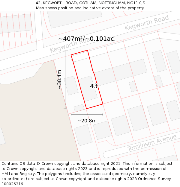 43, KEGWORTH ROAD, GOTHAM, NOTTINGHAM, NG11 0JS: Plot and title map