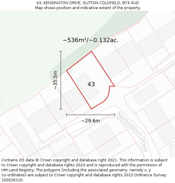 43, KENSINGTON DRIVE, SUTTON COLDFIELD, B74 4UD: Plot and title map