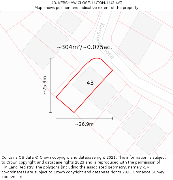 43, KERSHAW CLOSE, LUTON, LU3 4AT: Plot and title map