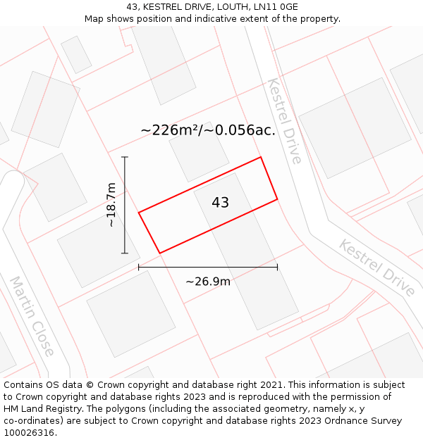 43, KESTREL DRIVE, LOUTH, LN11 0GE: Plot and title map