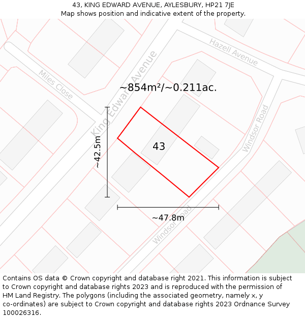 43, KING EDWARD AVENUE, AYLESBURY, HP21 7JE: Plot and title map