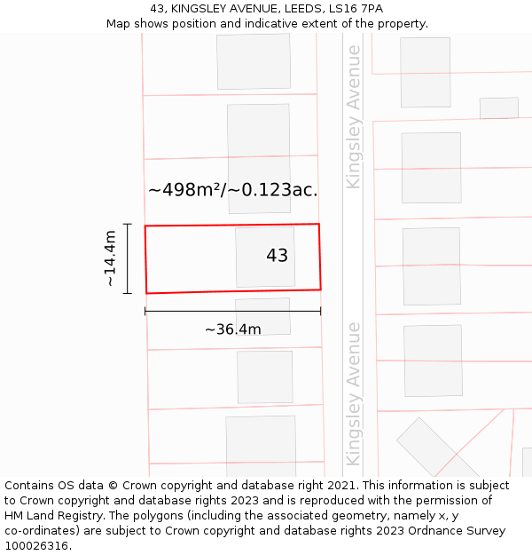 43, KINGSLEY AVENUE, LEEDS, LS16 7PA: Plot and title map