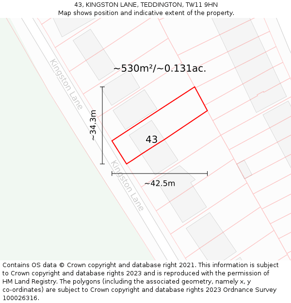 43, KINGSTON LANE, TEDDINGTON, TW11 9HN: Plot and title map