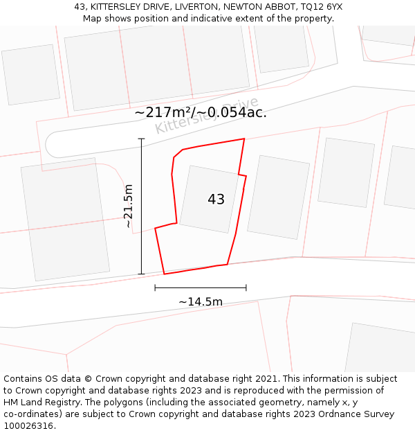 43, KITTERSLEY DRIVE, LIVERTON, NEWTON ABBOT, TQ12 6YX: Plot and title map