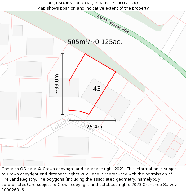 43, LABURNUM DRIVE, BEVERLEY, HU17 9UQ: Plot and title map