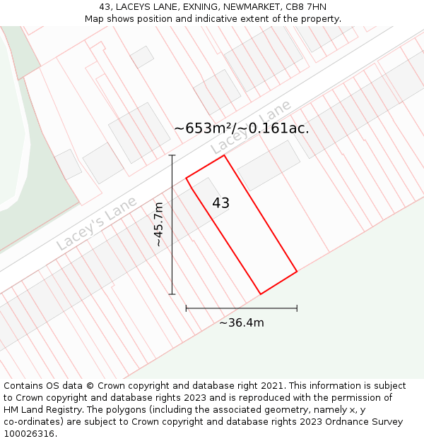43, LACEYS LANE, EXNING, NEWMARKET, CB8 7HN: Plot and title map