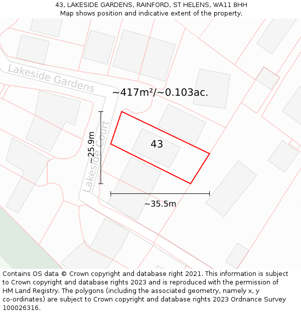 43, LAKESIDE GARDENS, RAINFORD, ST HELENS, WA11 8HH: Plot and title map