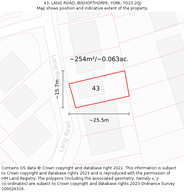 43, LANG ROAD, BISHOPTHORPE, YORK, YO23 2QJ: Plot and title map