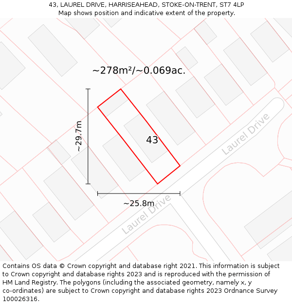 43, LAUREL DRIVE, HARRISEAHEAD, STOKE-ON-TRENT, ST7 4LP: Plot and title map