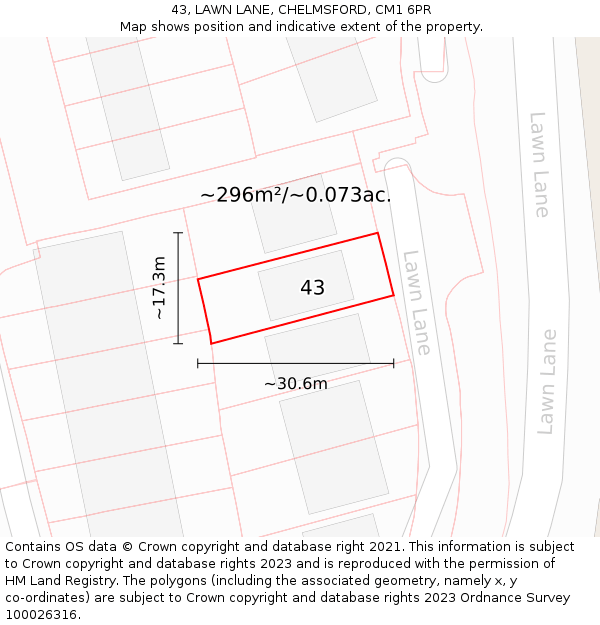 43, LAWN LANE, CHELMSFORD, CM1 6PR: Plot and title map