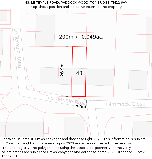 43, LE TEMPLE ROAD, PADDOCK WOOD, TONBRIDGE, TN12 6HY: Plot and title map