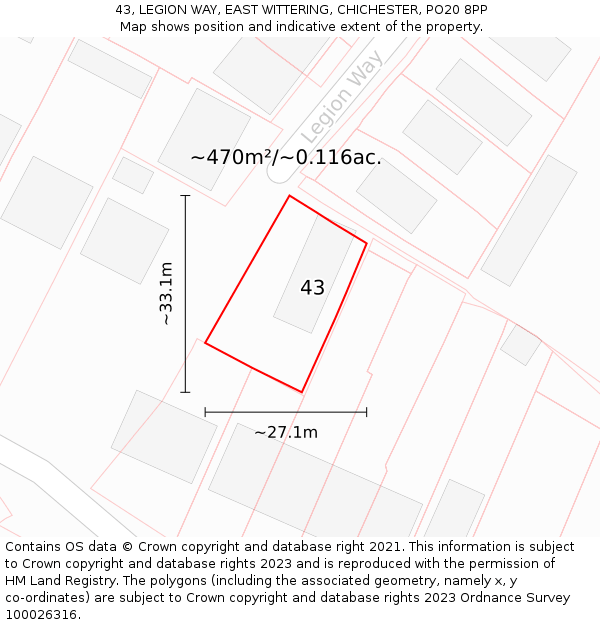 43, LEGION WAY, EAST WITTERING, CHICHESTER, PO20 8PP: Plot and title map