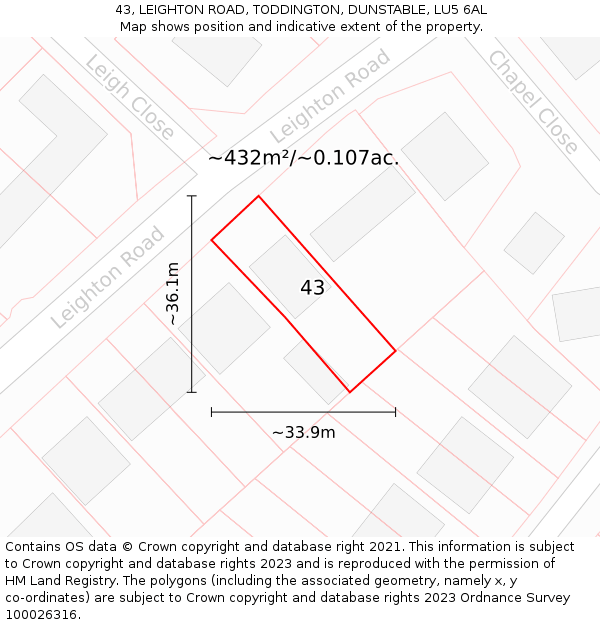 43, LEIGHTON ROAD, TODDINGTON, DUNSTABLE, LU5 6AL: Plot and title map