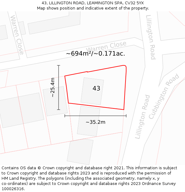 43, LILLINGTON ROAD, LEAMINGTON SPA, CV32 5YX: Plot and title map