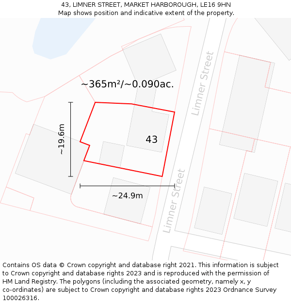 43, LIMNER STREET, MARKET HARBOROUGH, LE16 9HN: Plot and title map