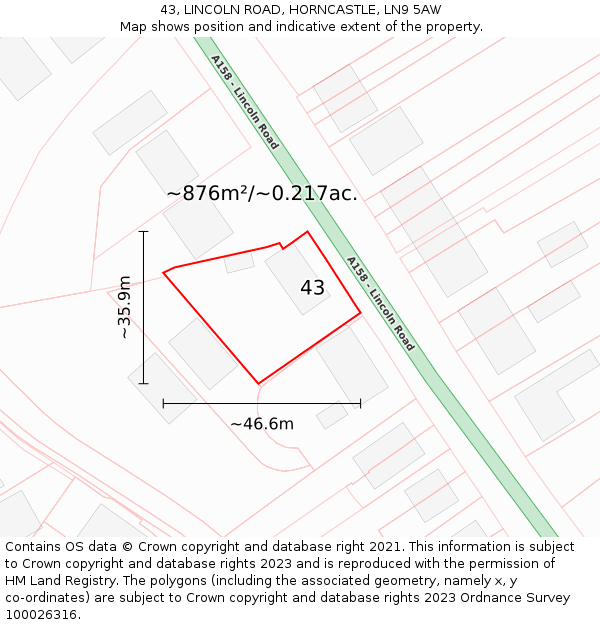 43, LINCOLN ROAD, HORNCASTLE, LN9 5AW: Plot and title map