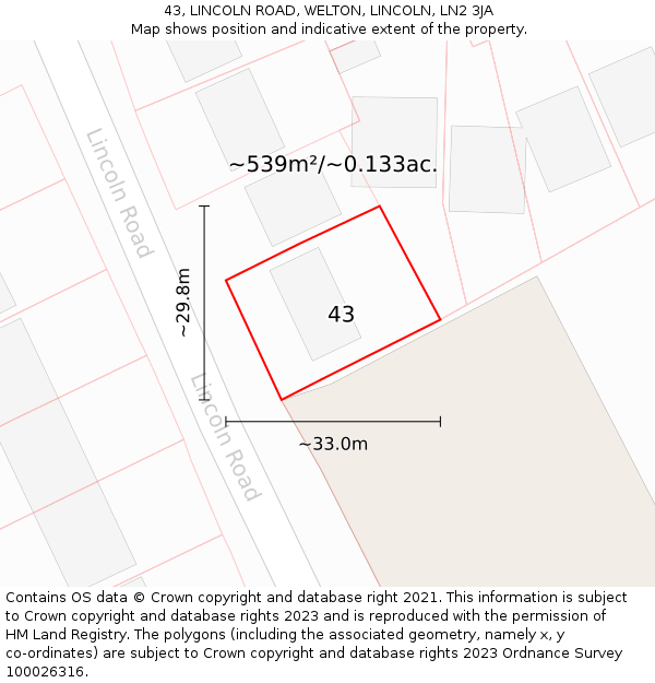 43, LINCOLN ROAD, WELTON, LINCOLN, LN2 3JA: Plot and title map