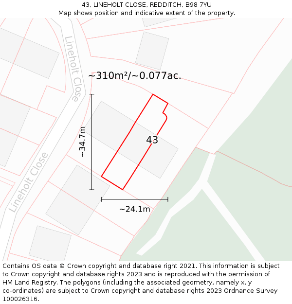 43, LINEHOLT CLOSE, REDDITCH, B98 7YU: Plot and title map