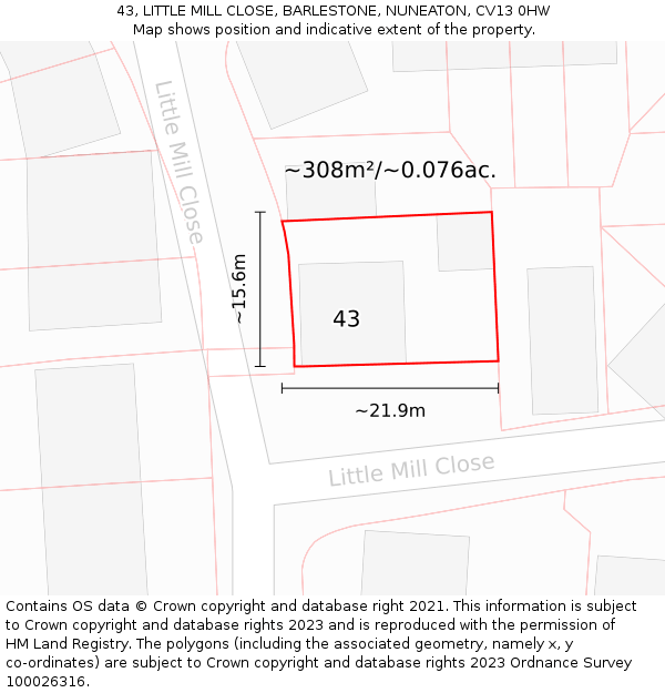 43, LITTLE MILL CLOSE, BARLESTONE, NUNEATON, CV13 0HW: Plot and title map
