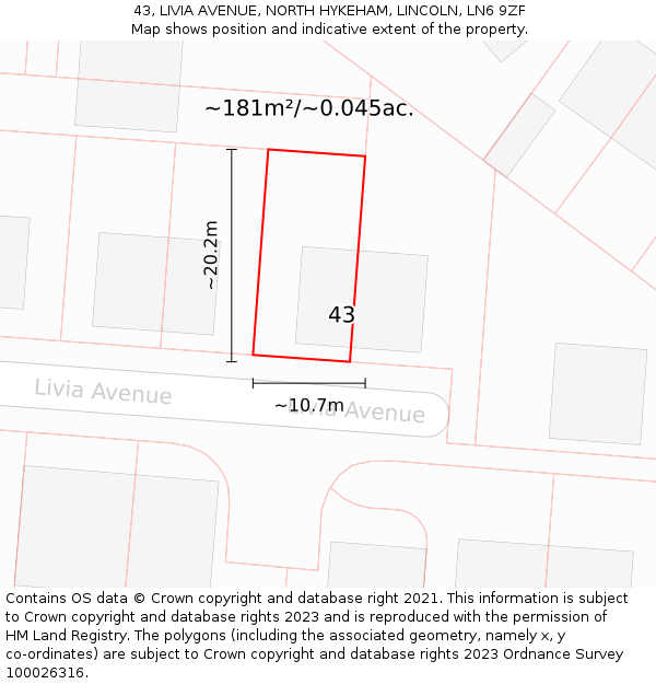 43, LIVIA AVENUE, NORTH HYKEHAM, LINCOLN, LN6 9ZF: Plot and title map