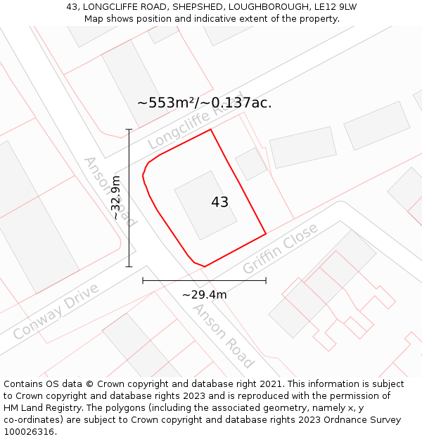 43, LONGCLIFFE ROAD, SHEPSHED, LOUGHBOROUGH, LE12 9LW: Plot and title map