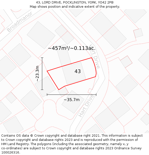 43, LORD DRIVE, POCKLINGTON, YORK, YO42 2PB: Plot and title map