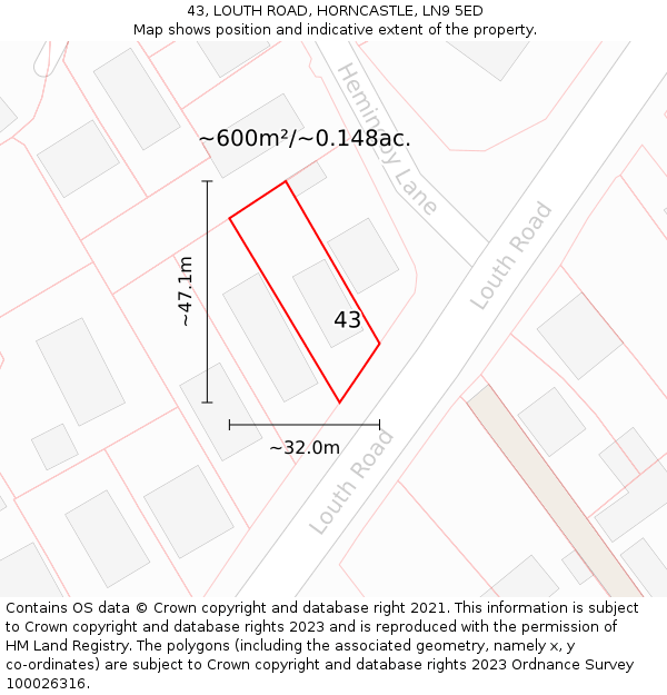 43, LOUTH ROAD, HORNCASTLE, LN9 5ED: Plot and title map