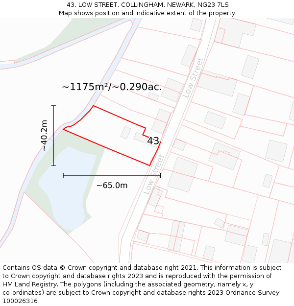 43, LOW STREET, COLLINGHAM, NEWARK, NG23 7LS: Plot and title map