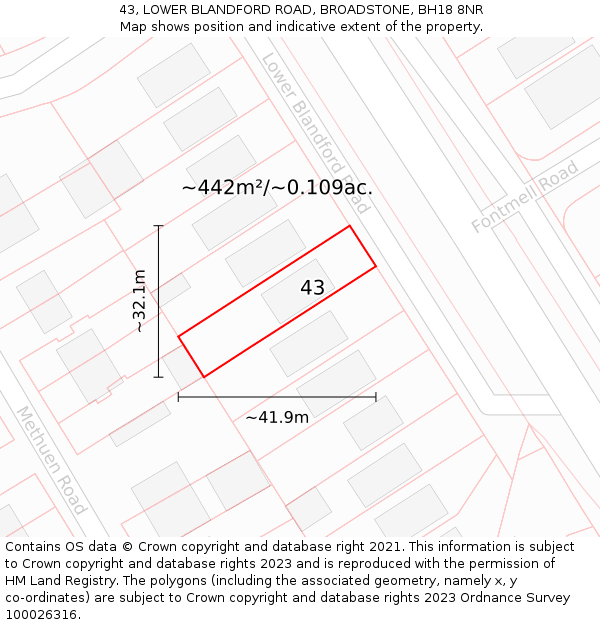 43, LOWER BLANDFORD ROAD, BROADSTONE, BH18 8NR: Plot and title map