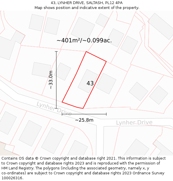 43, LYNHER DRIVE, SALTASH, PL12 4PA: Plot and title map