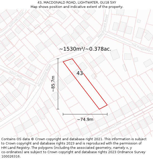 43, MACDONALD ROAD, LIGHTWATER, GU18 5XY: Plot and title map