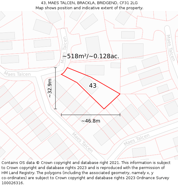 43, MAES TALCEN, BRACKLA, BRIDGEND, CF31 2LG: Plot and title map