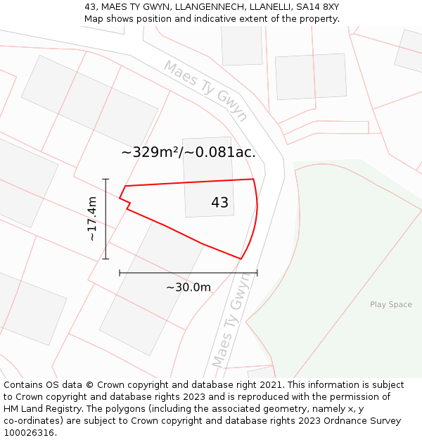 43, MAES TY GWYN, LLANGENNECH, LLANELLI, SA14 8XY: Plot and title map