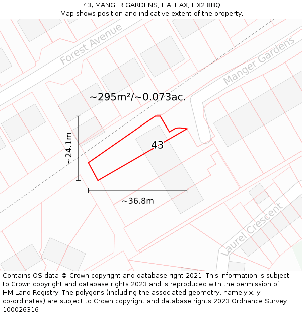 43, MANGER GARDENS, HALIFAX, HX2 8BQ: Plot and title map