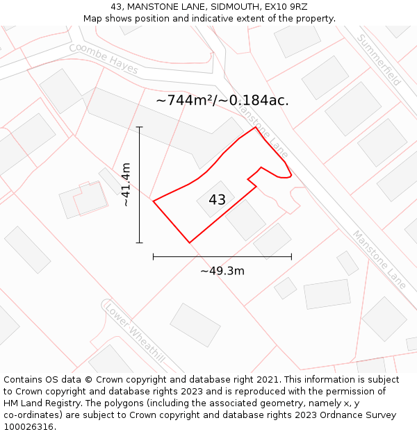 43, MANSTONE LANE, SIDMOUTH, EX10 9RZ: Plot and title map