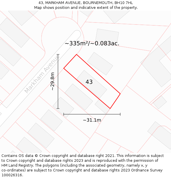 43, MARKHAM AVENUE, BOURNEMOUTH, BH10 7HL: Plot and title map