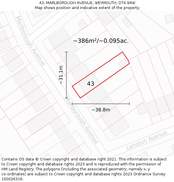 43, MARLBOROUGH AVENUE, WEYMOUTH, DT4 9AW: Plot and title map