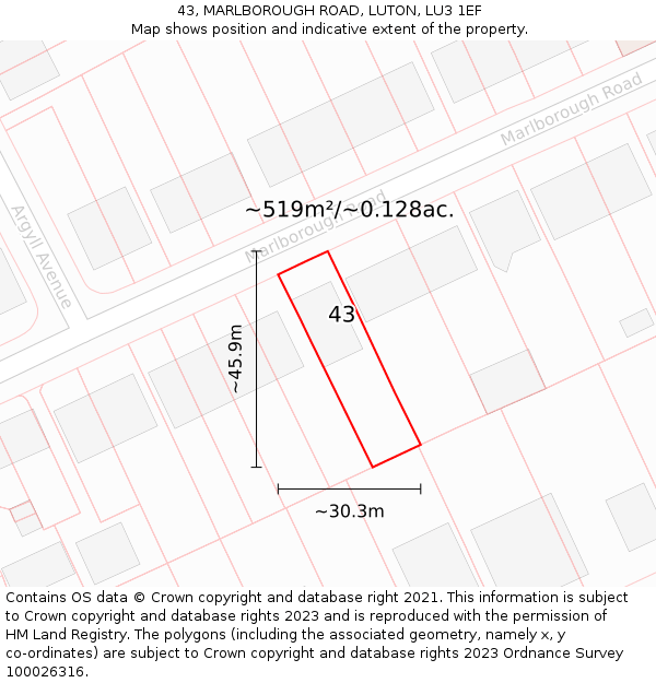 43, MARLBOROUGH ROAD, LUTON, LU3 1EF: Plot and title map