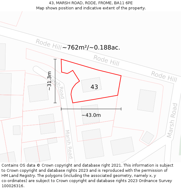 43, MARSH ROAD, RODE, FROME, BA11 6PE: Plot and title map