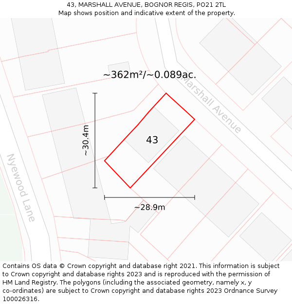 43, MARSHALL AVENUE, BOGNOR REGIS, PO21 2TL: Plot and title map