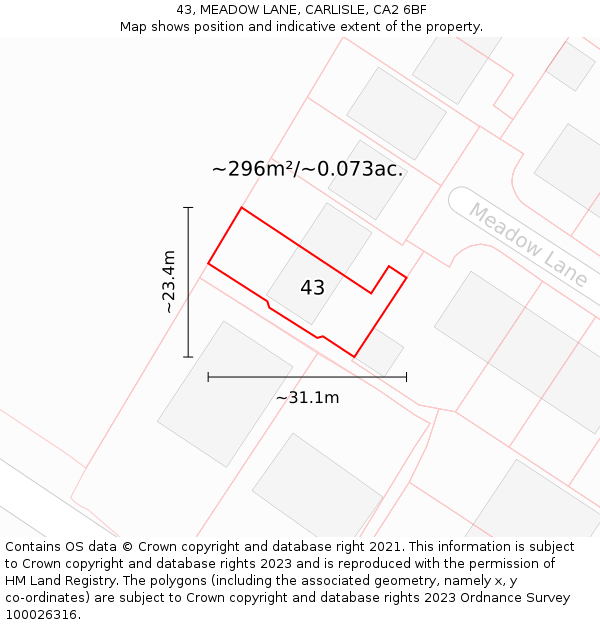 43, MEADOW LANE, CARLISLE, CA2 6BF: Plot and title map