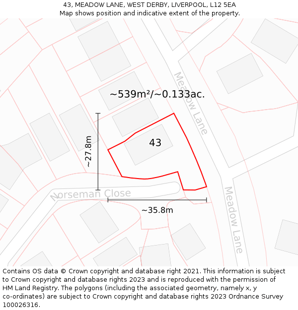 43, MEADOW LANE, WEST DERBY, LIVERPOOL, L12 5EA: Plot and title map