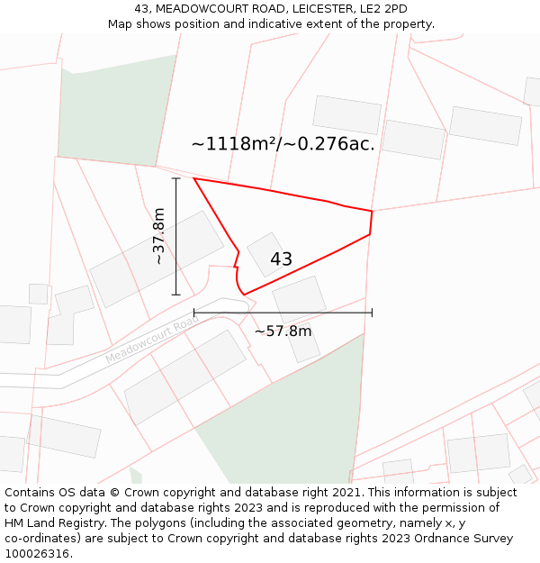 43, MEADOWCOURT ROAD, LEICESTER, LE2 2PD: Plot and title map