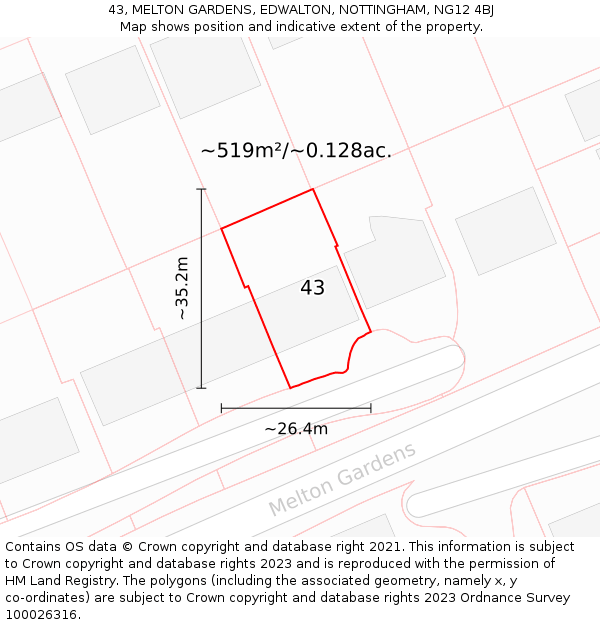 43, MELTON GARDENS, EDWALTON, NOTTINGHAM, NG12 4BJ: Plot and title map