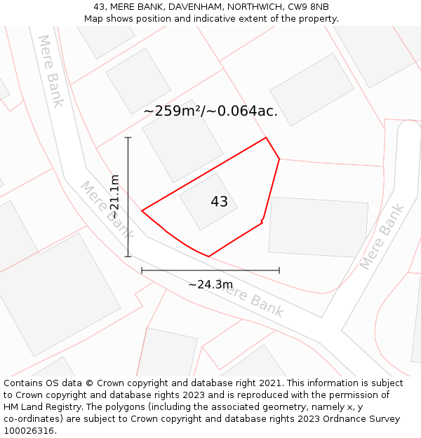 43, MERE BANK, DAVENHAM, NORTHWICH, CW9 8NB: Plot and title map