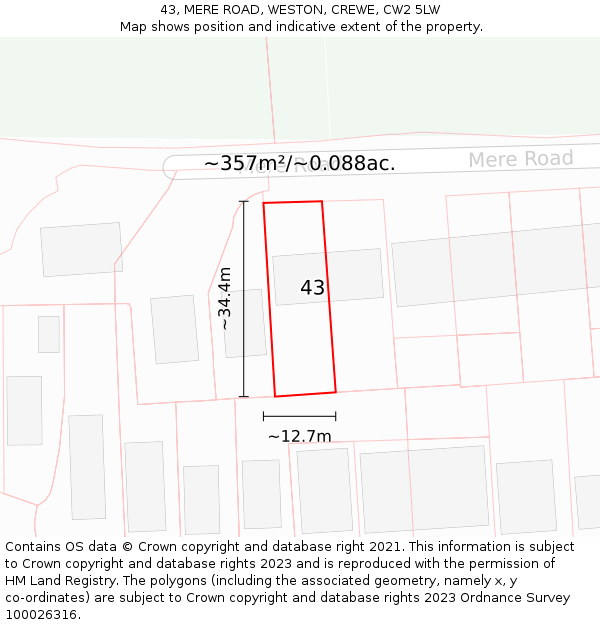 43, MERE ROAD, WESTON, CREWE, CW2 5LW: Plot and title map